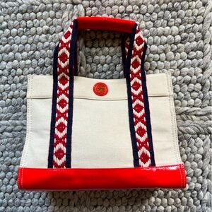 Tory Burch EUC crème canvas “Ella” bag with coral patent leather